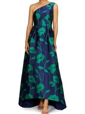 Kay Unger Navy Blue Green Tiara Floral Print One-Shoulder Gown